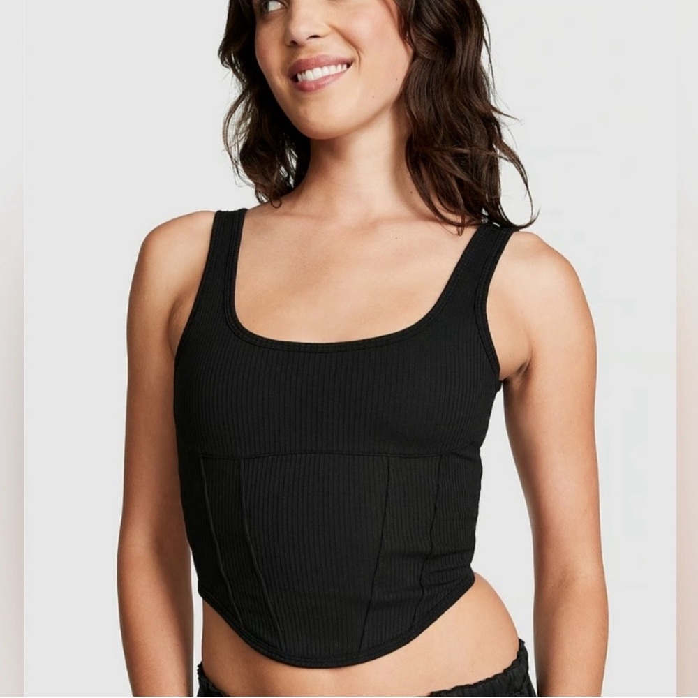Ribbed Scoop Neck Black corset style cropped Top